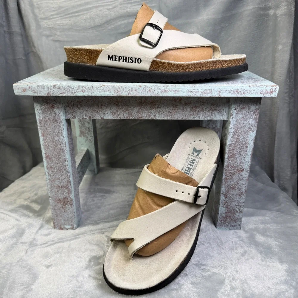 Mephisto Helen Sandals Womens 40 White Leather Cork Footbed Slides 6091572